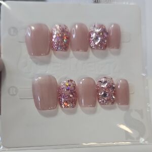 #0054  Pink- Nude‎ Glitter Press-On Nails Set Of 10 + Adhesive Pads Size S